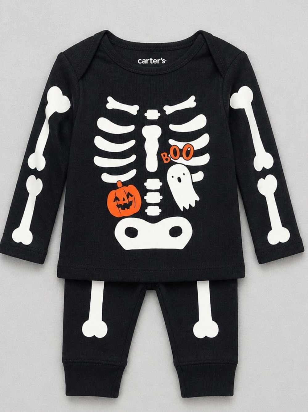 Carter's Black Skeleton 'BOO' Halloween Pajama Set with Orange Pumpkin NWT 3-6 m